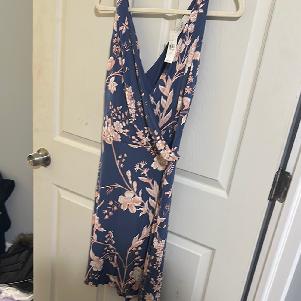 LOFT Blue Pink Sundress Plunge Neckline Sleeveless
